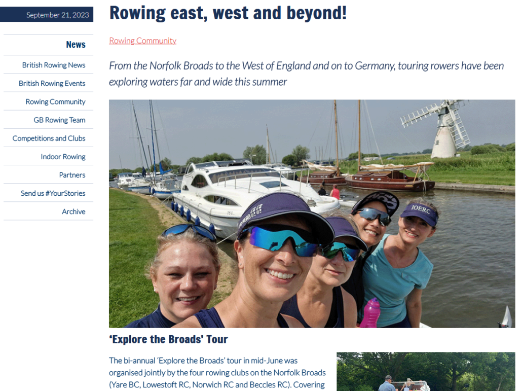 Screenshot of British Rowing story on touring with photo of IOERC rowers